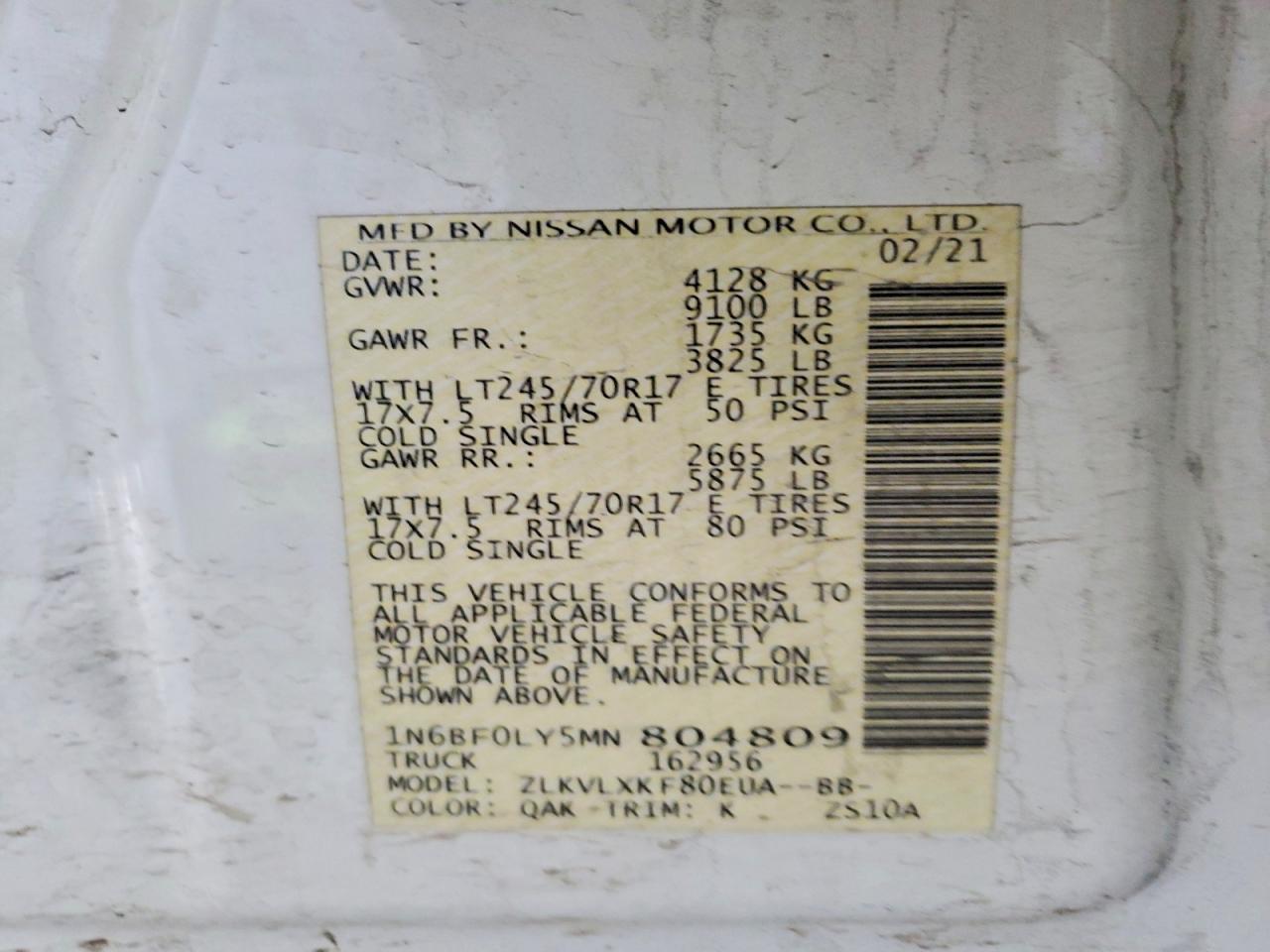 2021 NISS Nv 2500 hd VIN 1N6BF0LY5MN804809 photo 9