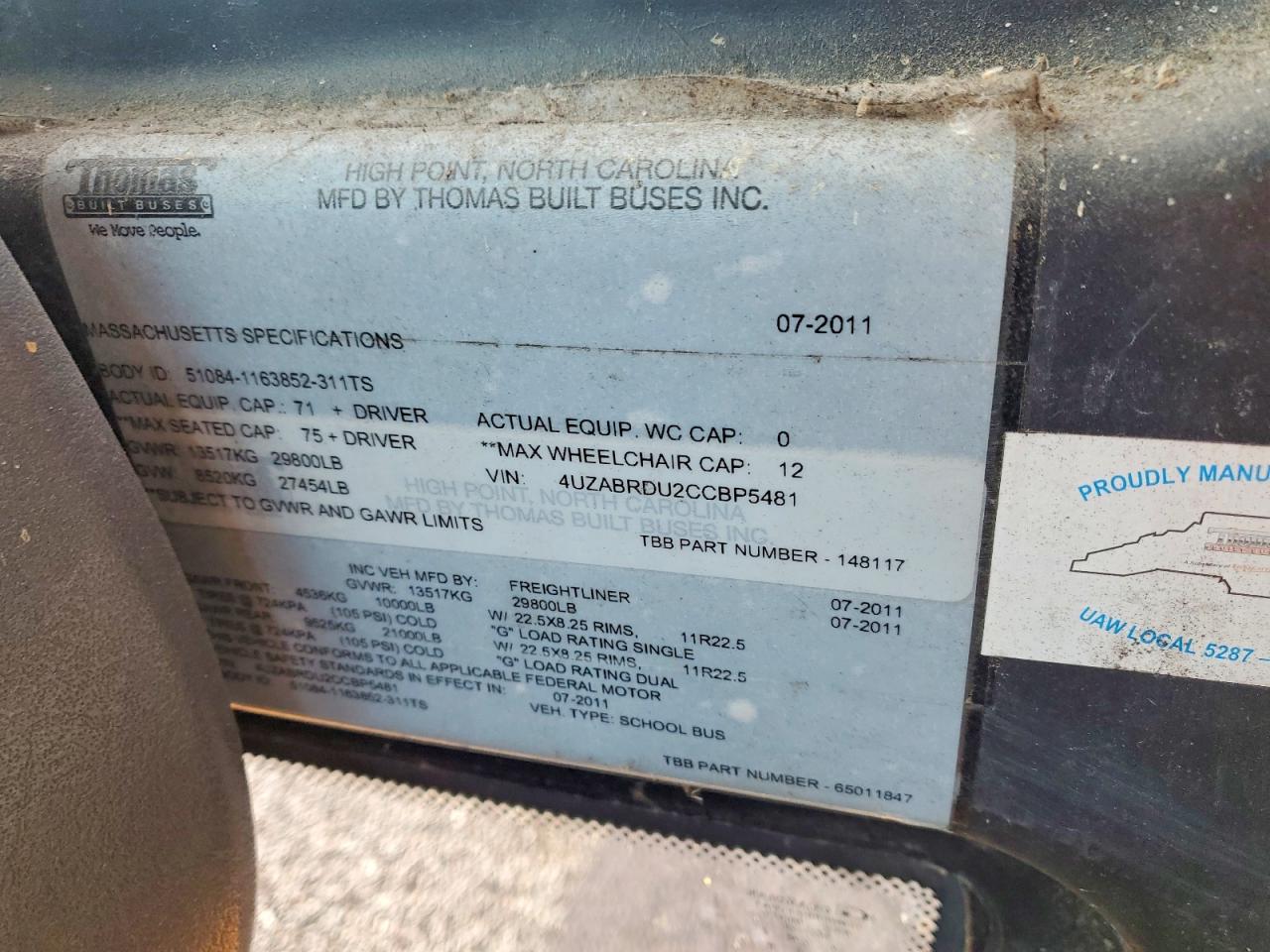 2012 THOMAS Saf-t-line VIN 4UZABRDU2CCBP5481 photo 10