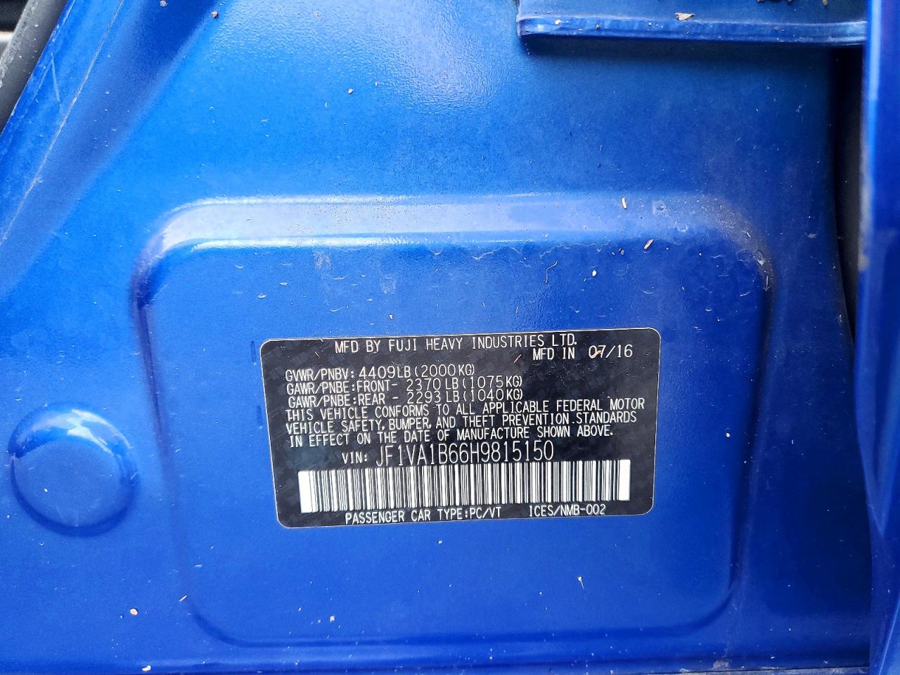 2017 Subaru Wrx VIN JF1VA1B66H9815150 photo 12