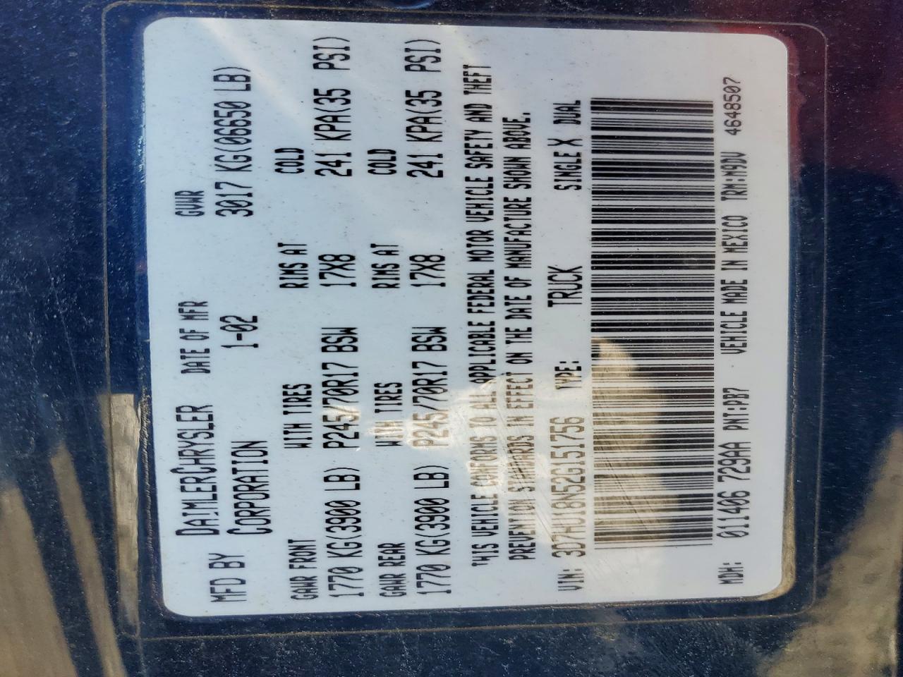 2002 Dodge All models VIN 3D7HU18N52G151756 photo 12