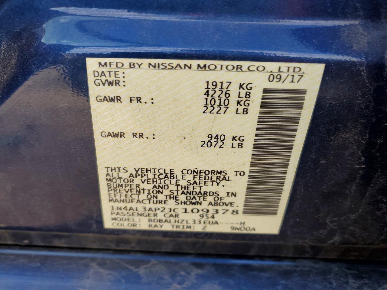 2018 NISS Altima VIN 1N4AL3AP2JC109378 photo 12