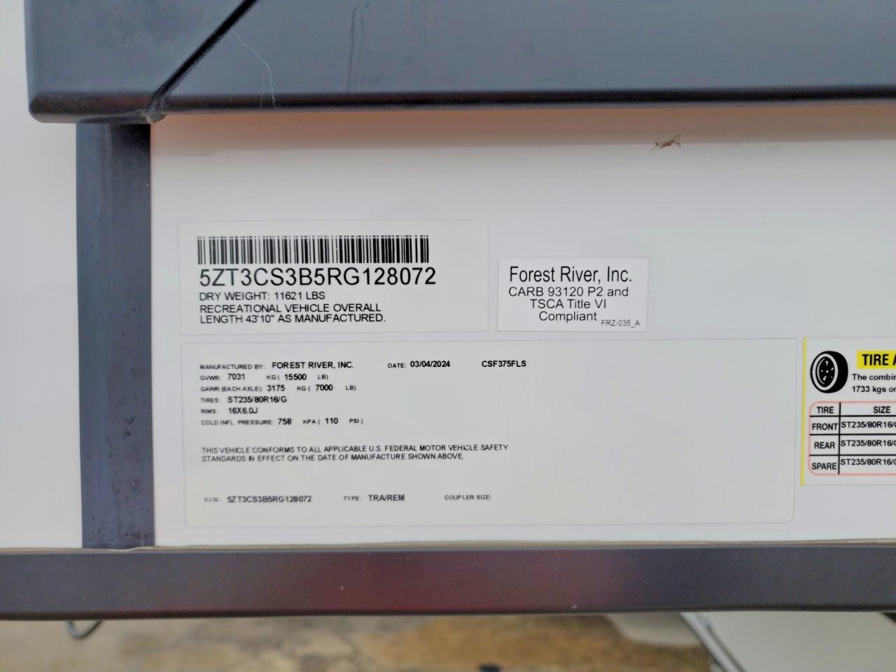 2024 FOREST RIVER CRUSADER CAMPER VIN 5ZT3CS3B5RG128072 photo 10