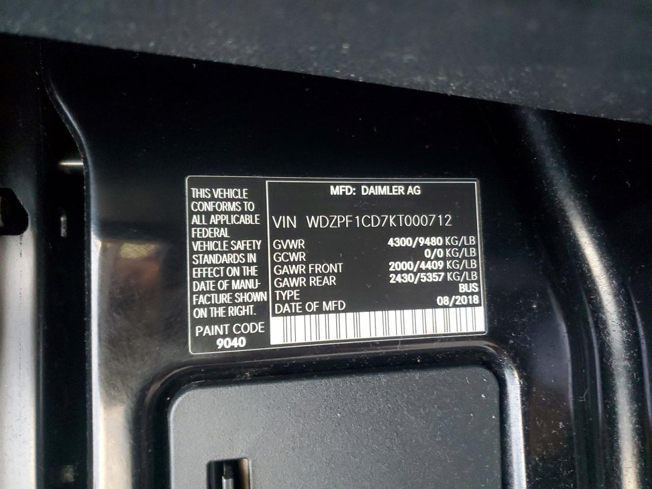 2019 MERCEDES-BENZ Sprinter VIN WDZPF1CD7KT000712 photo 10