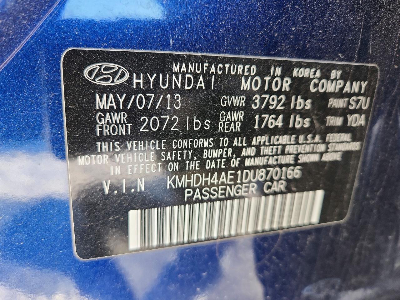 2013 Hyun Elantra VIN KMHDH4AE1DU870166 photo 12