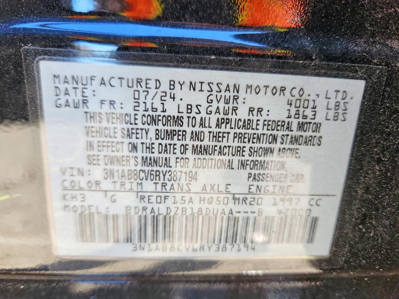 2024 Niss Sentra VIN 3N1AB8CV6RY387194 photo 12