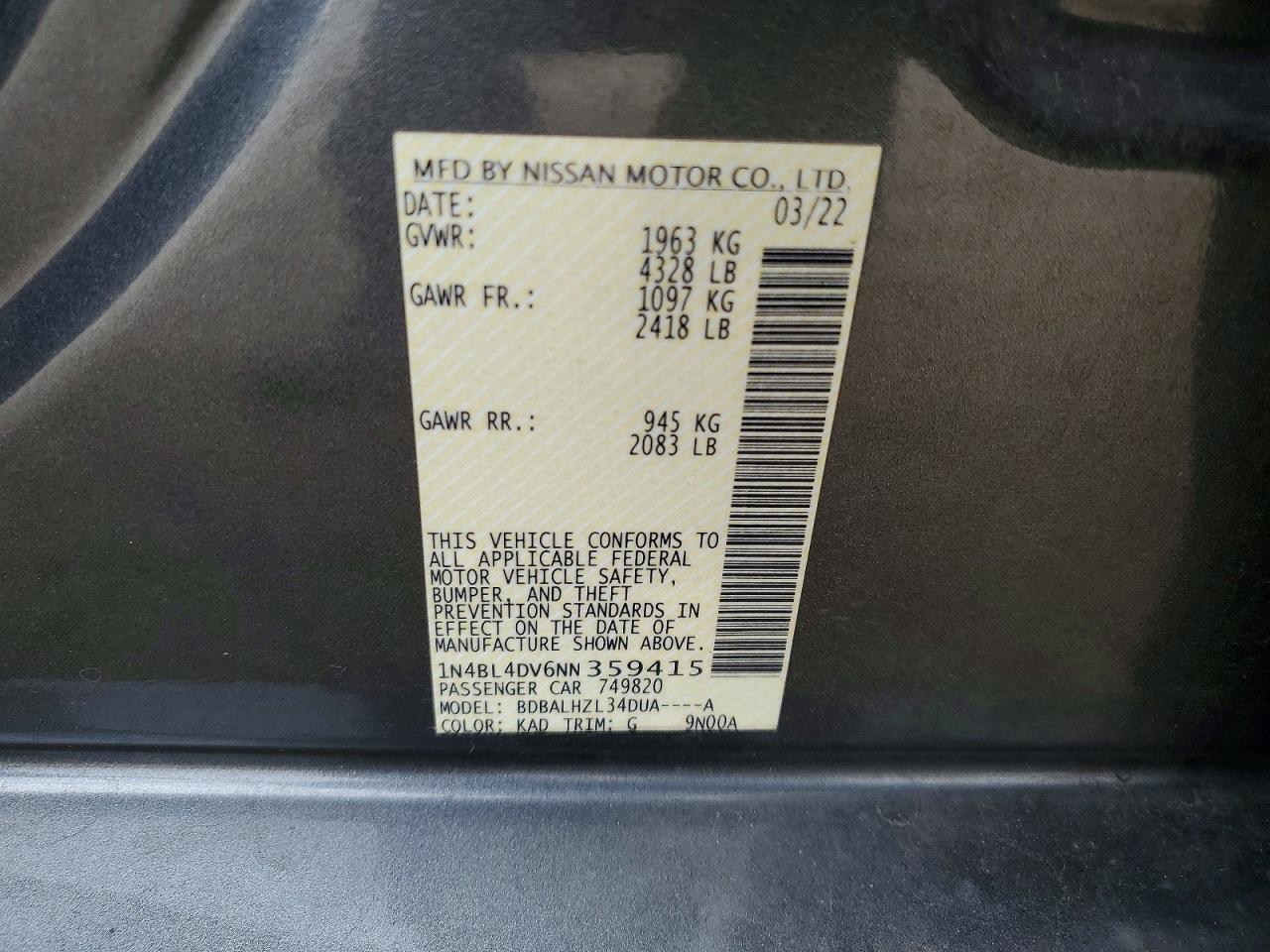 2022 Niss Altima VIN 1N4BL4DV6NN359415 photo 12