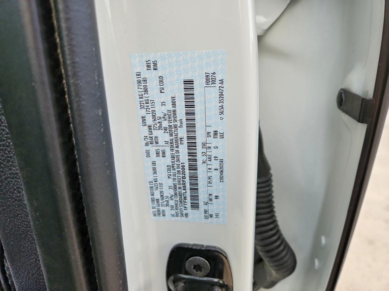 2024 Ford F150 plati VIN 1FTFW7L88RFB20061 photo 12