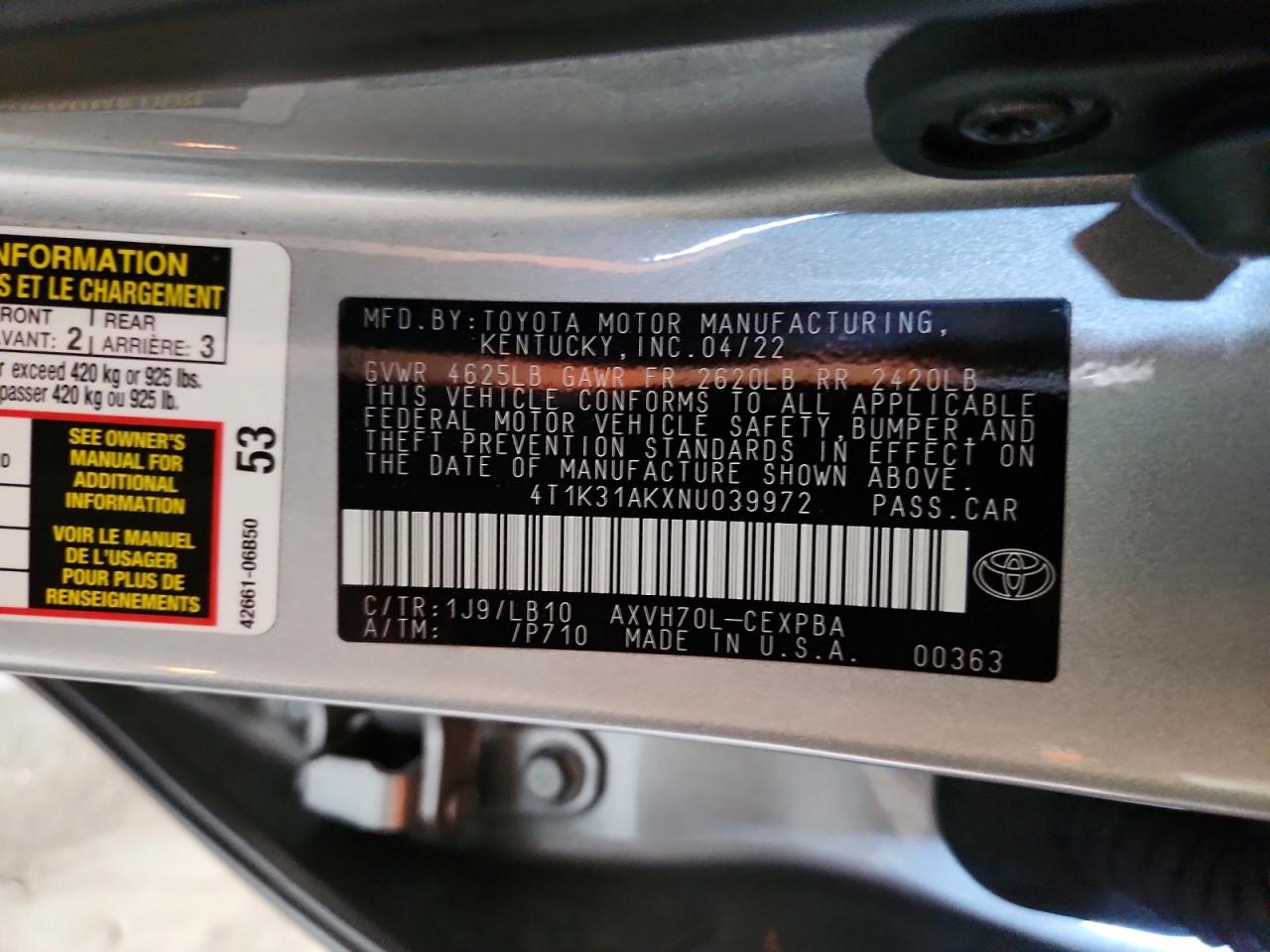 2022 Toyota Camry sola VIN 4T1K31AKXNU039972 photo 12