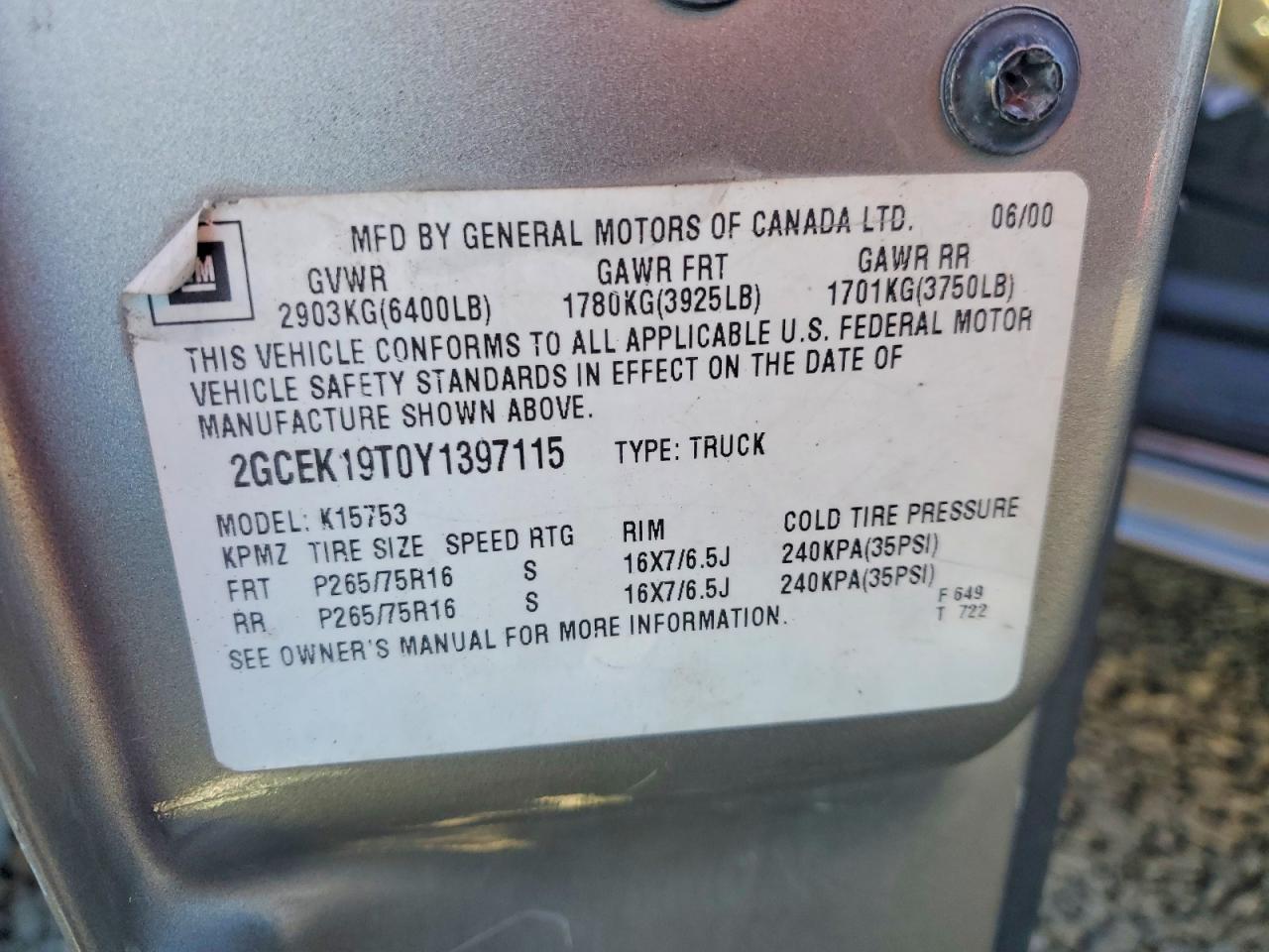 2000 CHEV Silverado VIN 2GCEK19T0Y1397115 photo 12