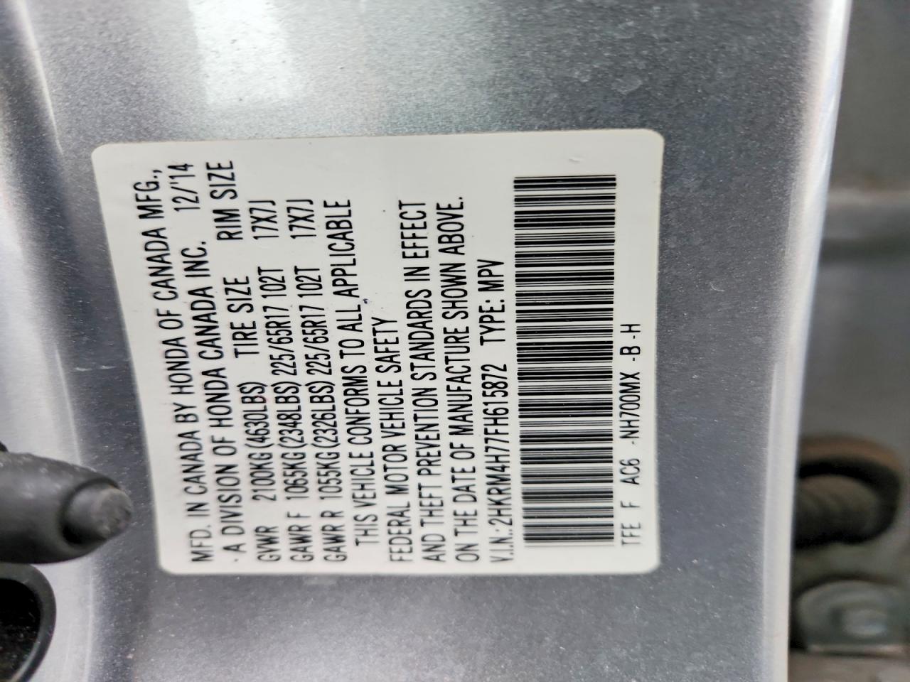 2015 Honda Crv VIN 2HKRM4H77FH615872 photo 12