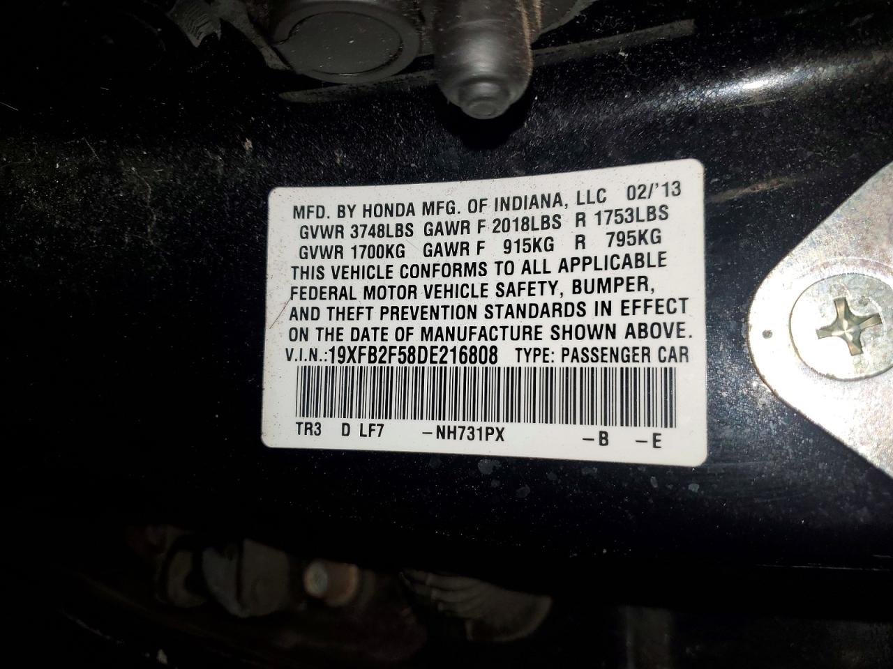 2013 Honda Civic VIN 19XFB2F58DE216808 photo 12