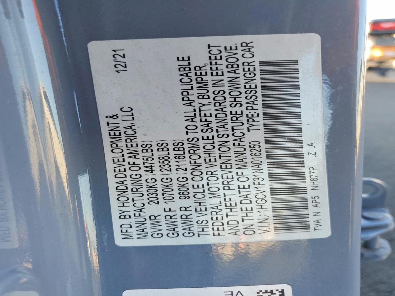 2022 Honda Accord VIN 1HGCV1F31NA016250 photo 12
