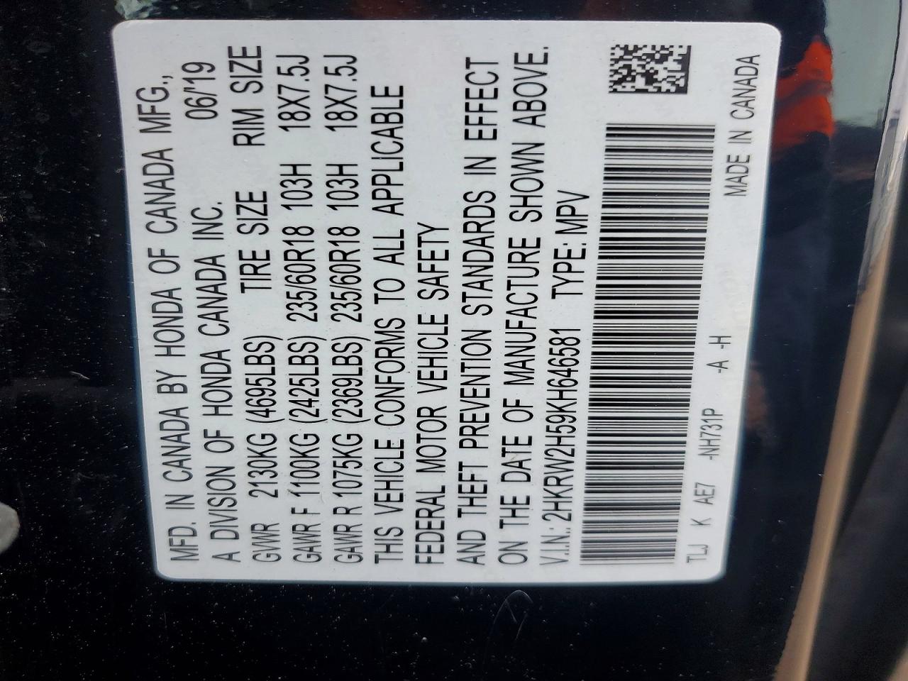 2019 Honda Crv VIN 2HKRW2H59KH646581 photo 12
