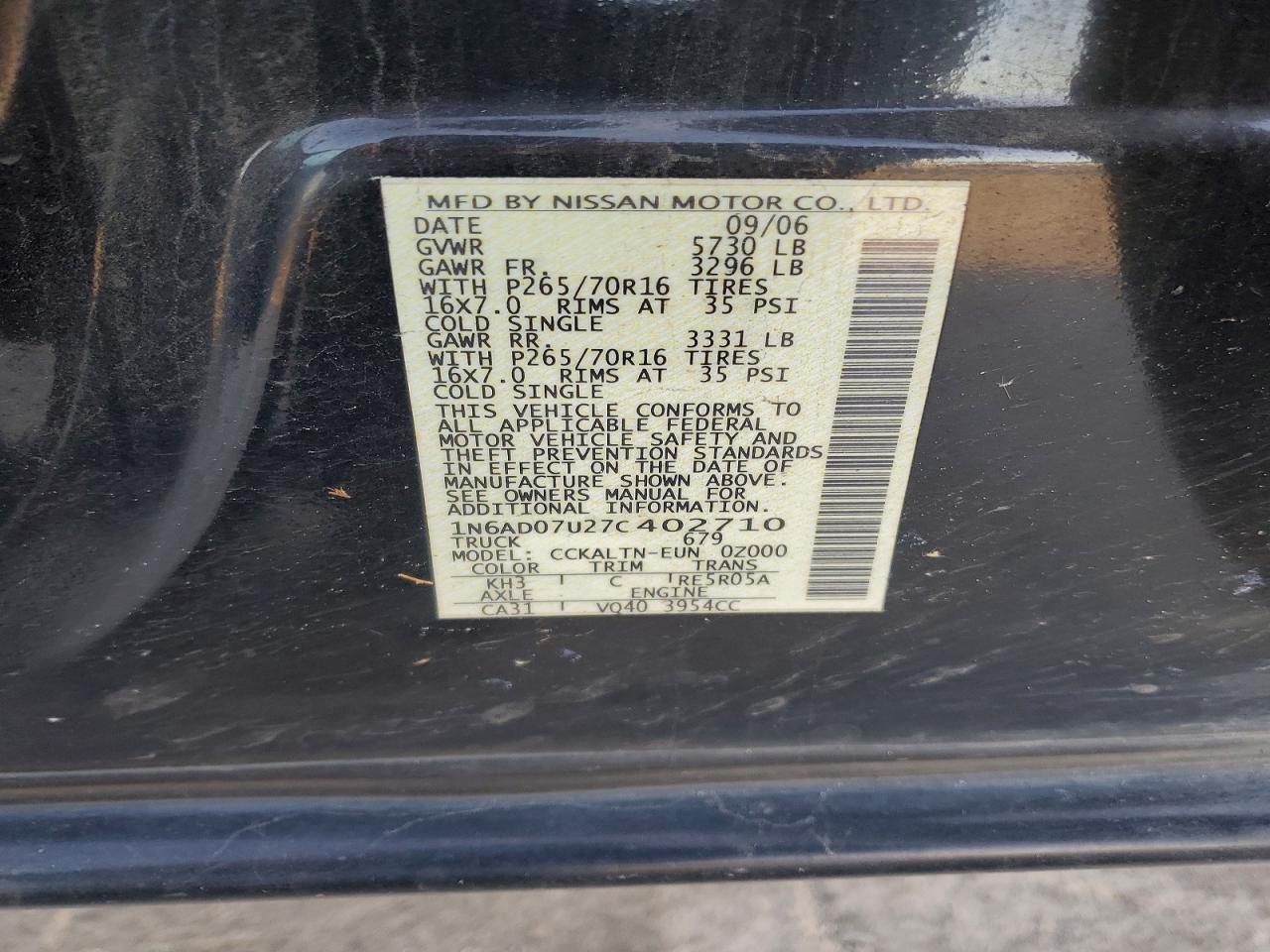 2007 NISS Frontier VIN 1N6AD07U27C402710 photo 12