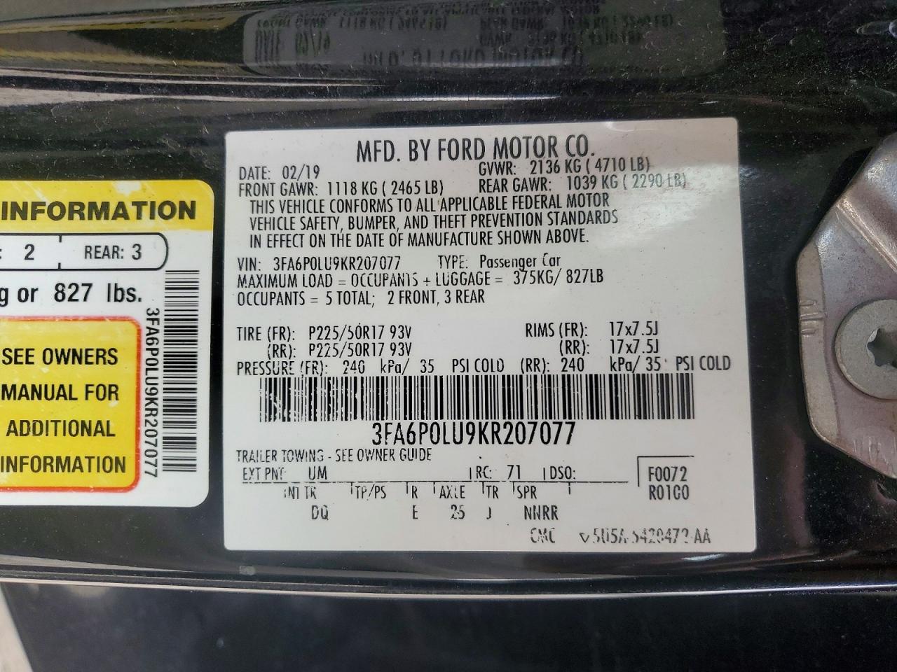 2019 Ford Fusion VIN 3FA6P0LU9KR207077 photo 12