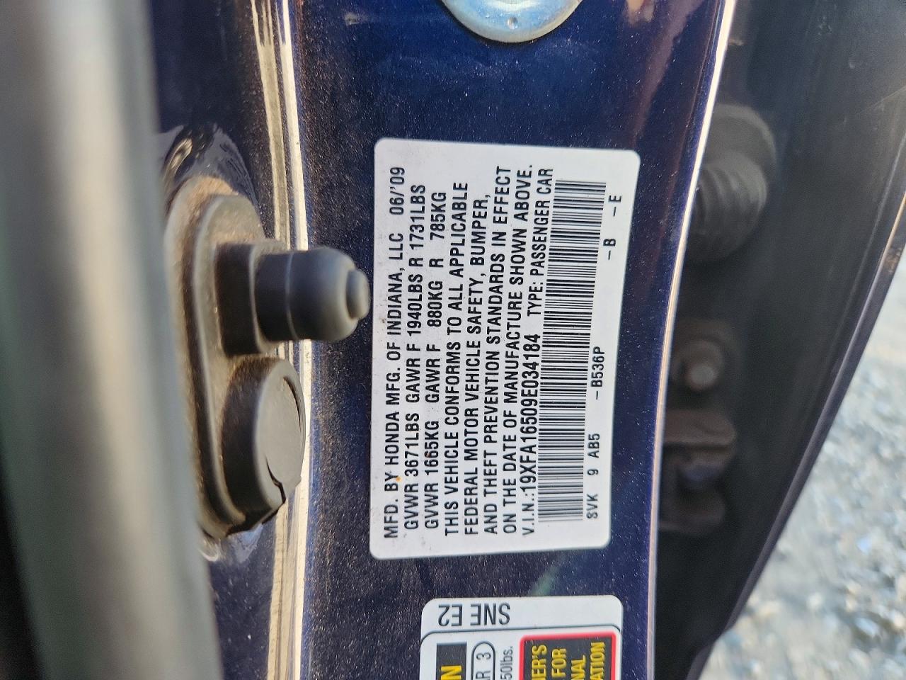 2009 Honda Civic VIN 19XFA16509E034184 photo 12