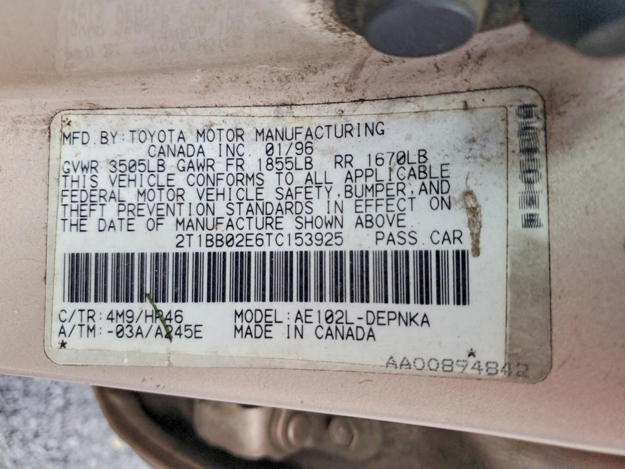 1996 Toyt Corolla VIN 2T1BB02E6TC153925 photo 12