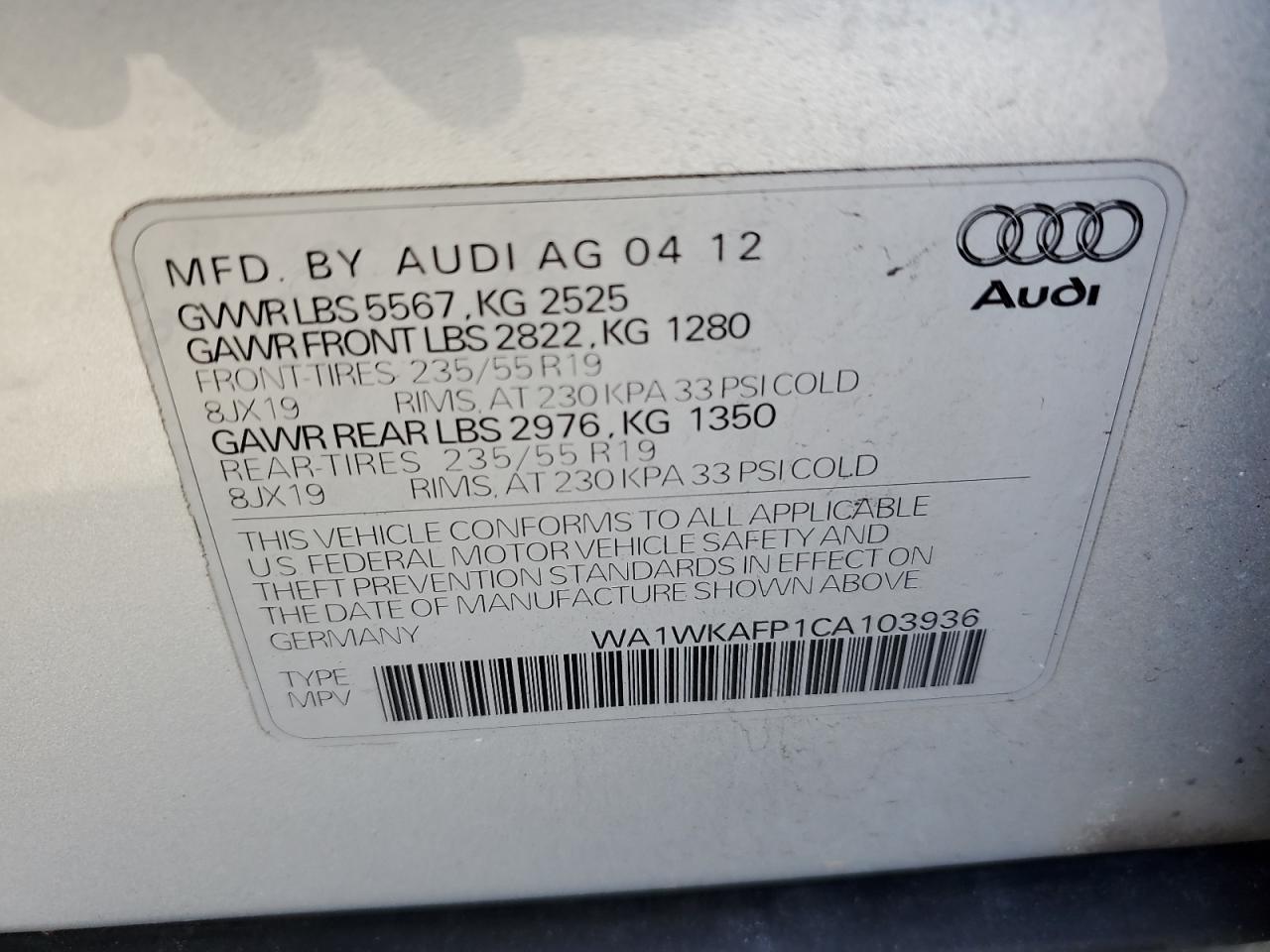 2012 AUDI Q5 VIN WA1WKAFP1CA103936 photo 12