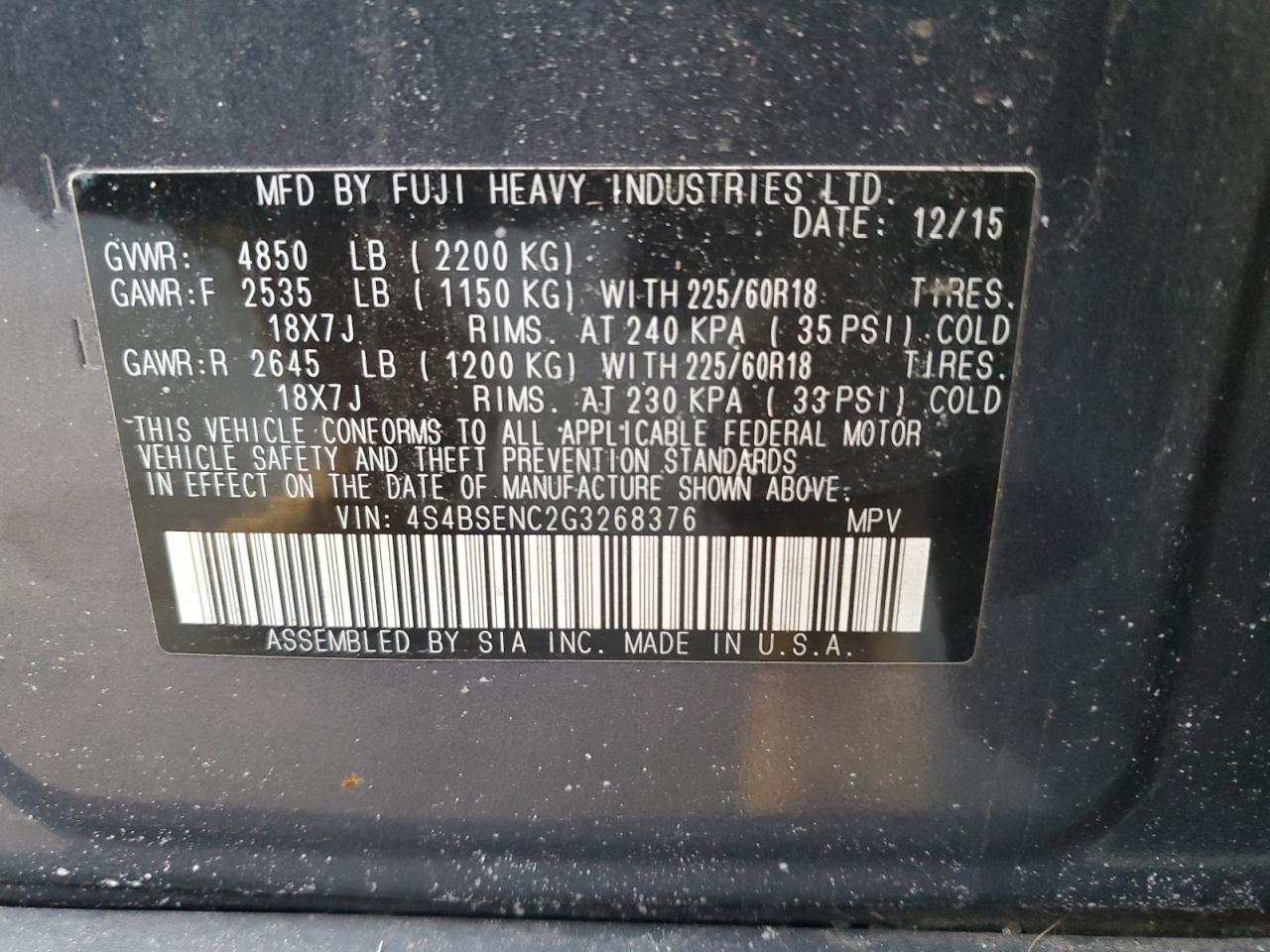 2016 SUBARU Outback VIN 4S4BSENC2G3268376 photo 12