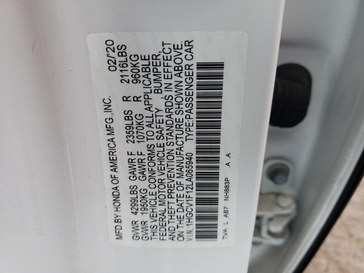 2020 HONDA Accord VIN 1HGCV1F12LA065940 photo 12
