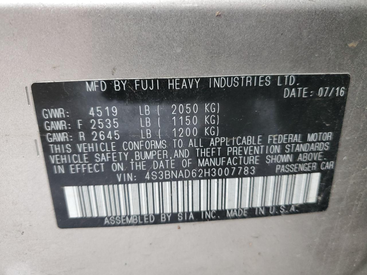 2017 SUBARU LEGACY VIN 4S3BNAD62H3007783 photo 12