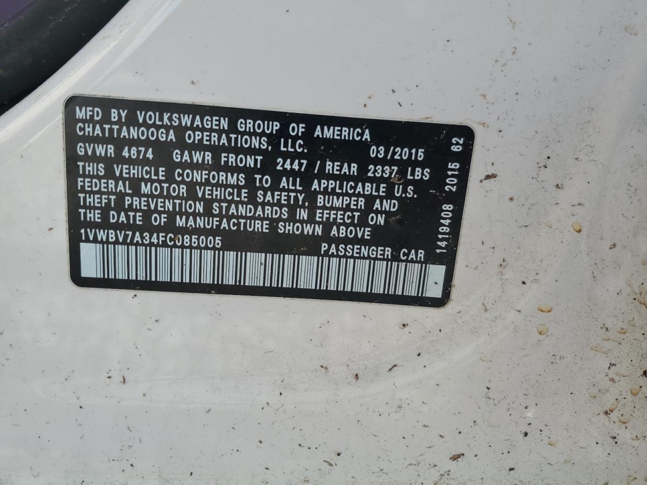 2015 VOLKSWAGEN Passat VIN 1VWBV7A34FC085005 photo 12