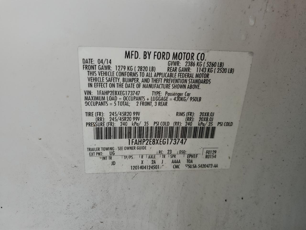2014 FORD Taurus VIN 1FAHP2E8XEG173747 photo 12