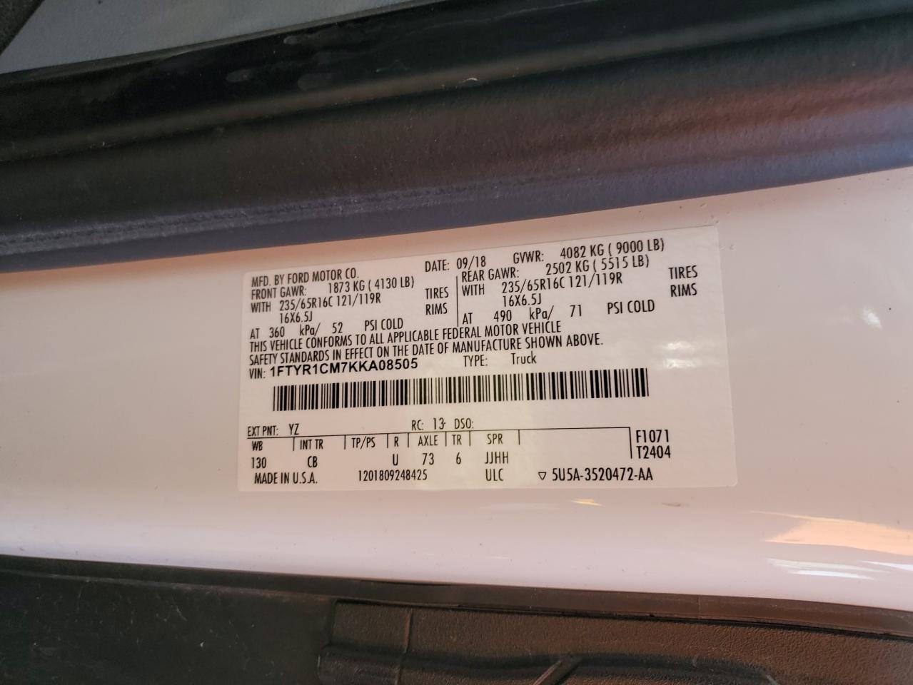 2019 Ford Transit VIN 1FTYR1CM7KKA08505 photo 12