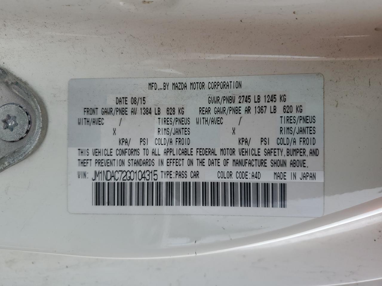 2016 MAZDA Mx5 VIN JM1NDAC72G0104315 photo 12