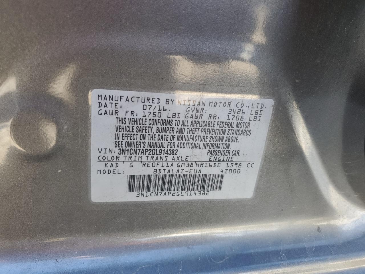 2016 NISSAN Versa VIN 3N1CN7AP2GL914382 photo 12