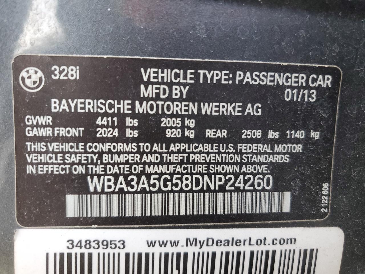 2013 BMW 3 series VIN WBA3A5G58DNP24260 photo 12