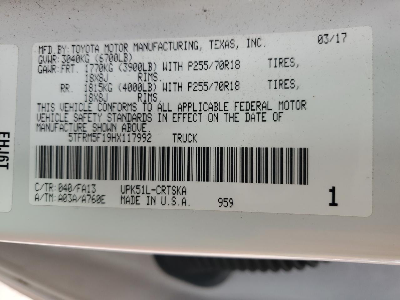 2017 TOYOTA Tundra VIN 5TFRM5F19HX117992 photo 12