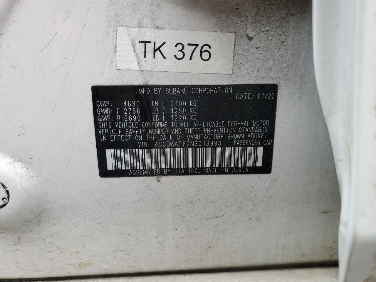 2022 SUBARU LEGACY VIN 4S3BWAF62N3013993 photo 12