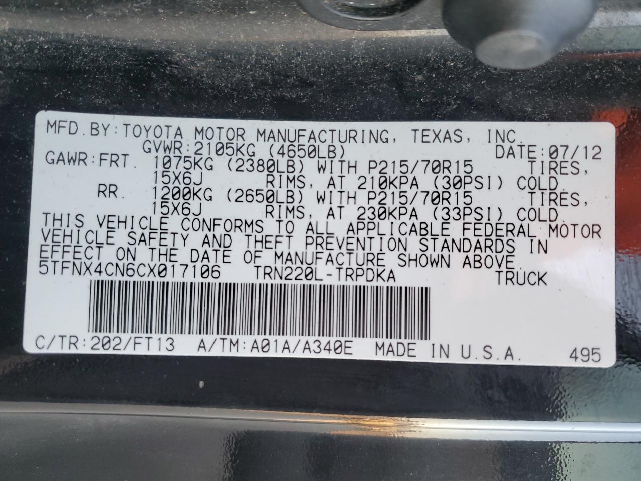 2012 TOYOTA Tacoma VIN 5TFNX4CN6CX017106 photo 12