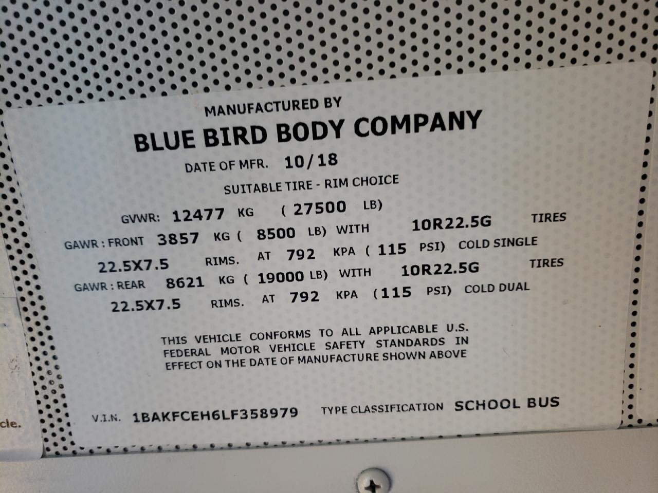 2020 BLUE School bus / transit bus VIN 1BAKFCEH6LF358979 photo 10