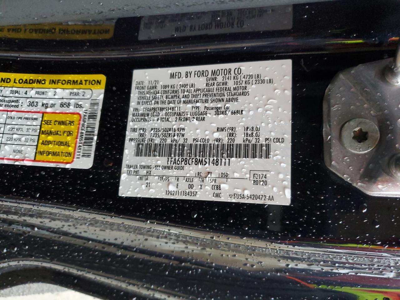 2021 FORD Mustang VIN 1FA6P8CF8M5148111 photo 12