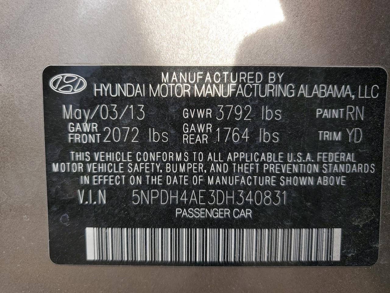 2013 HYUNDAI Elantra VIN 5NPDH4AE3DH340831 photo 12