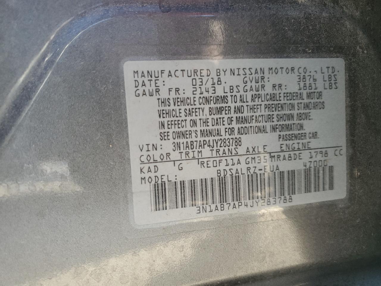 2018 Niss Sentra VIN 3N1AB7AP4JY283788 photo 12