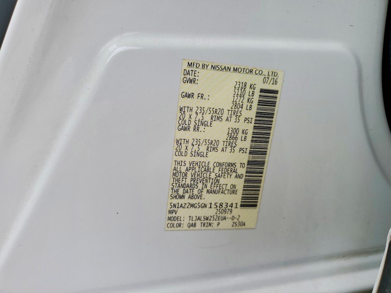2016 Niss Murano VIN 5N1AZ2MG5GN158341 photo 12