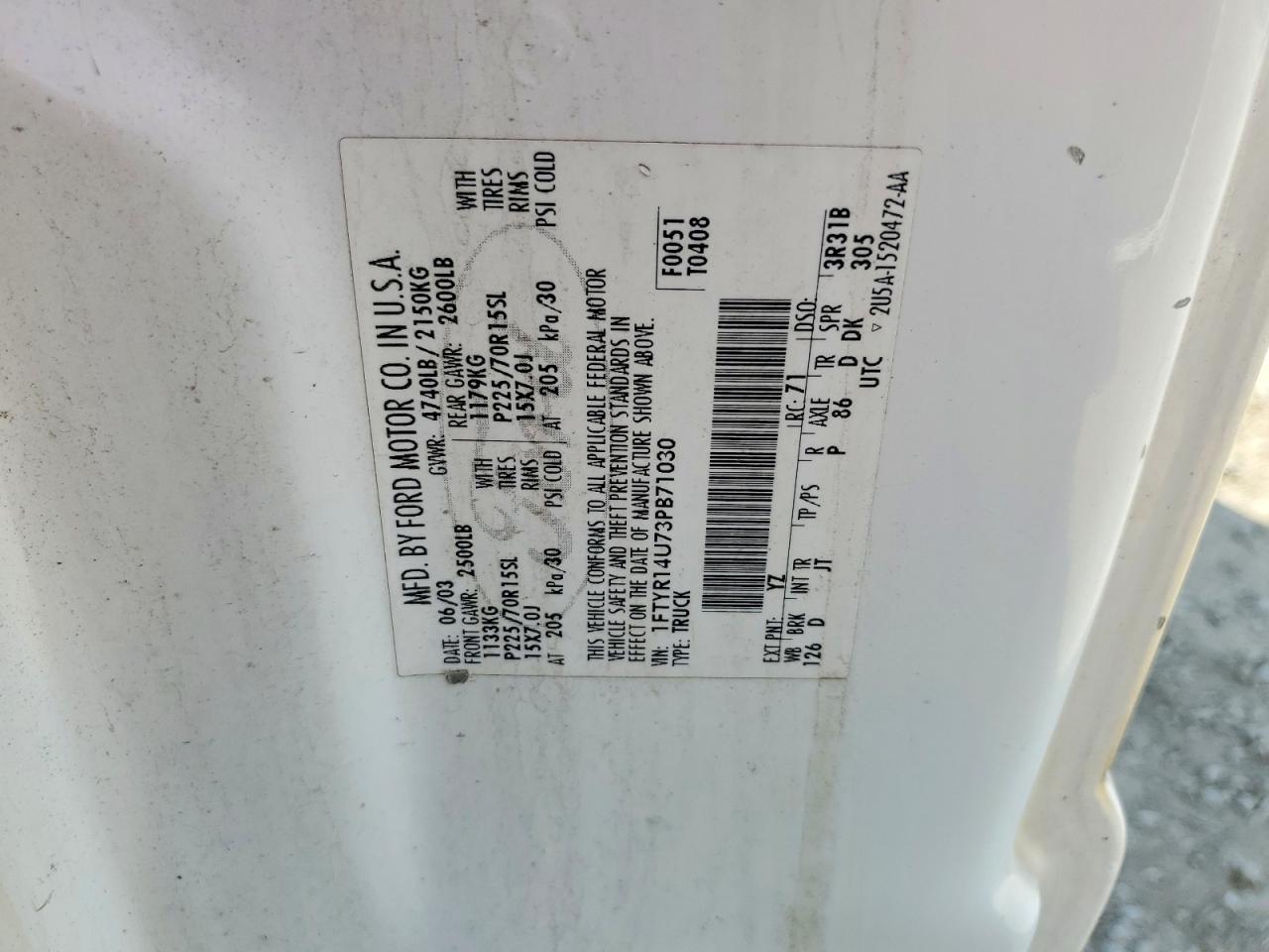 2003 Ford Ranger VIN 1FTYR14U73PB71030 photo 12