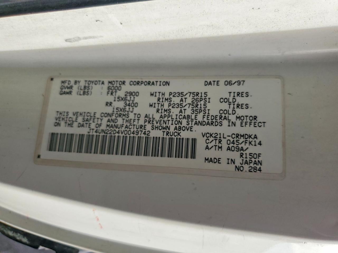 1997 Toyota T100 VIN JT4UN22D4V0049742 photo 12
