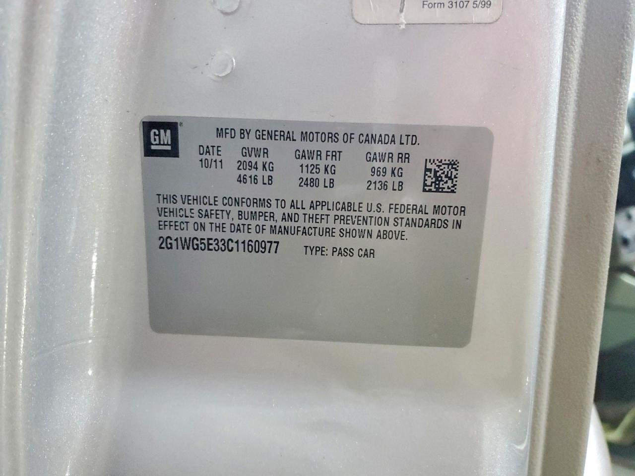 2012 Chev Impala VIN 2G1WG5E33C1160977 photo 12
