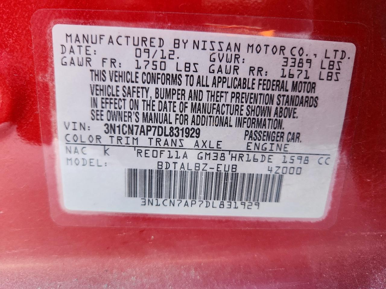 2013 Niss Versa VIN 3N1CN7AP7DL831929 photo 12