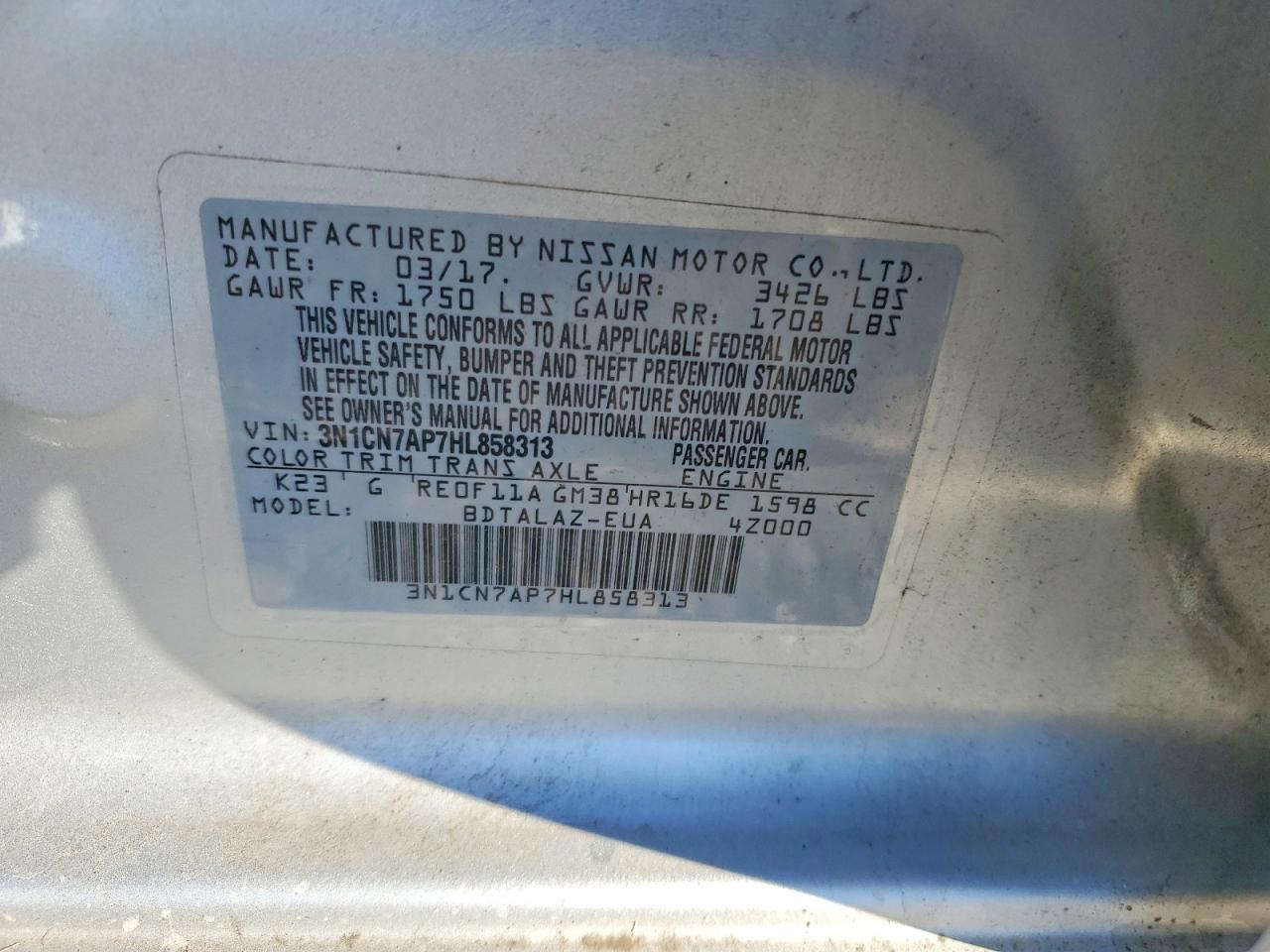 2017 NISS Versa VIN 3N1CN7AP7HL858313 photo 12