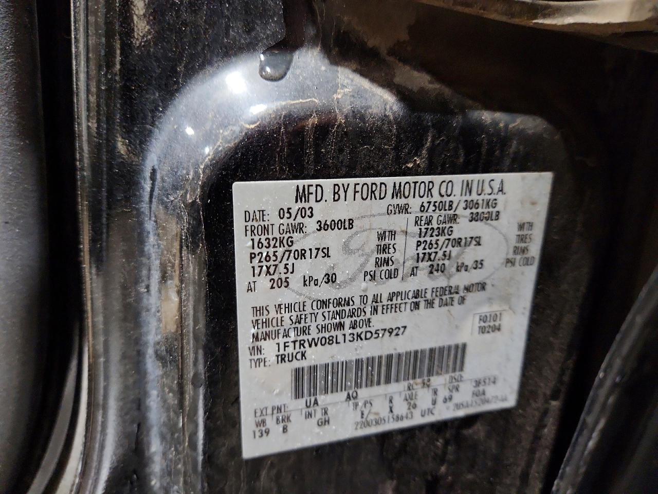 2003 Ford F150 VIN 1FTRW08L13KD57927 photo 12
