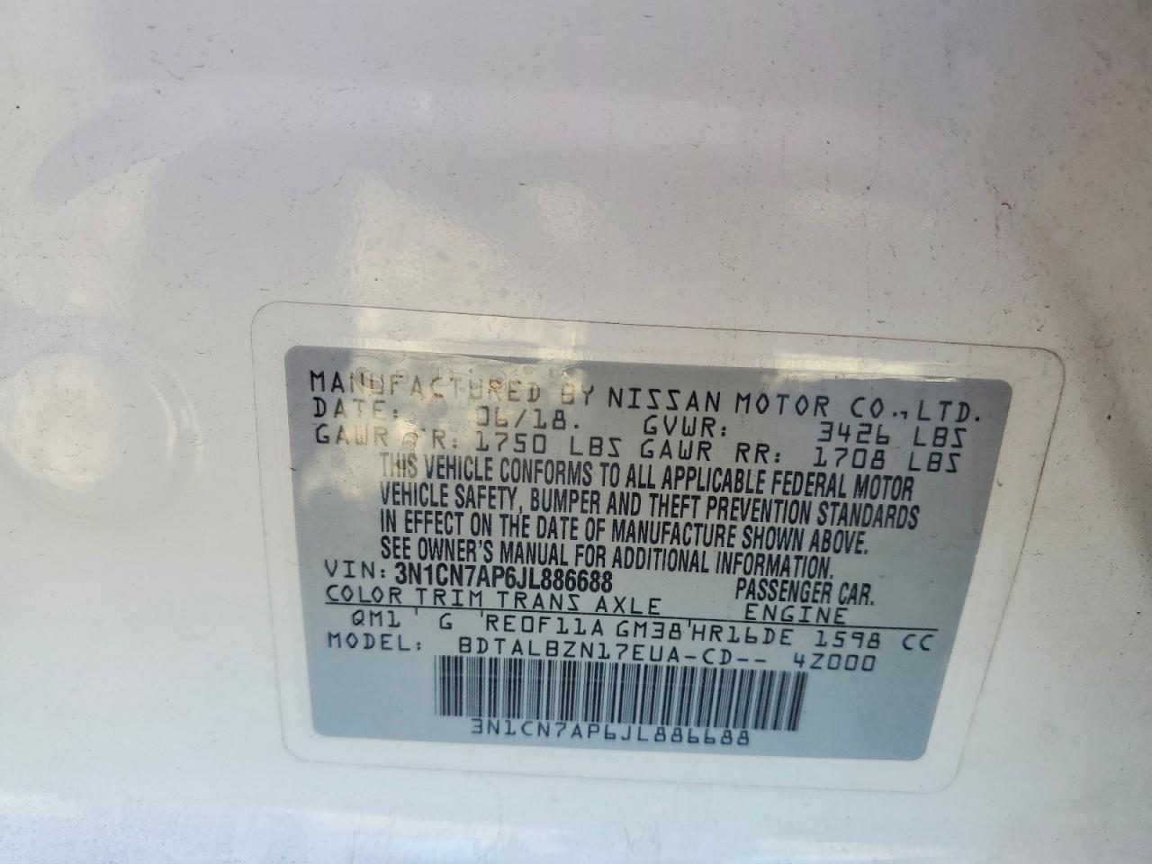 2018 NISS Versa VIN 3N1CN7AP6JL886688 photo 12