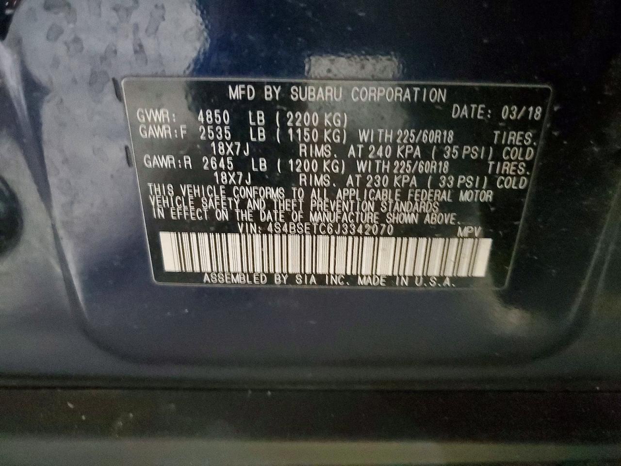 2018 Outback VIN 4S4BSETC6J3342070 photo 12