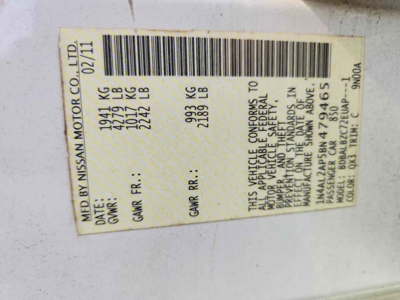 2011 Niss Altima VIN 1N4AL2AP5BN479465 photo 12