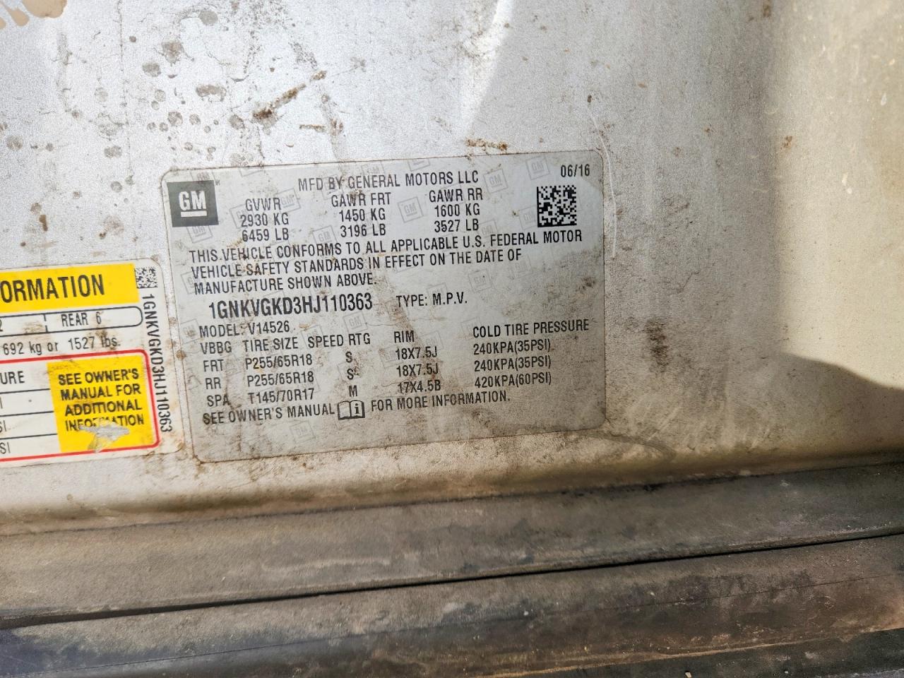 2017 Chev Traverse VIN 1GNKVGKD3HJ110363 photo 12