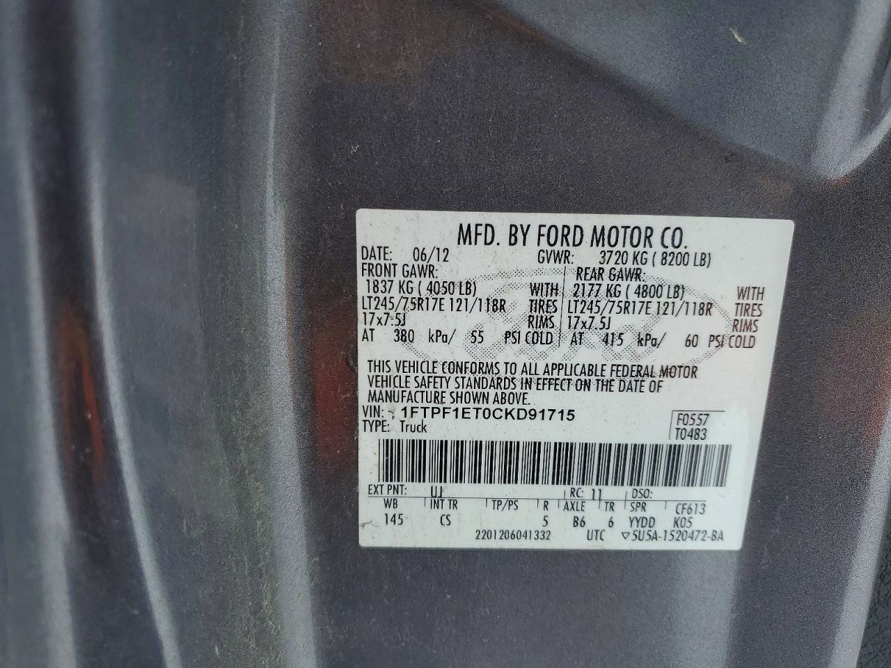 2012 FORD All models VIN 1FTPF1ET0CKD91715 photo 12